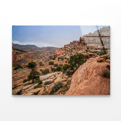 A Rocky Canyon with Trees & A Cloudy Sky Acrylic Glass Print Tempered Glass Wall Art 100% Made in Australia Ready to Hang