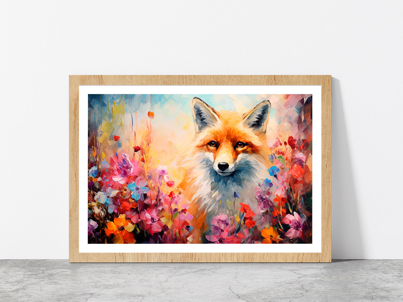 Fox In Flower Blossom Atmosphere Golden Colorful Glass Framed Wall Art, Ready to Hang Quality Print With White Border Oak