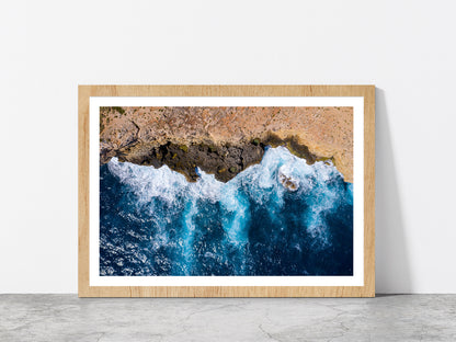 Sea Waves With Coast Glass Framed Wall Art, Ready to Hang Quality Print With White Border Oak