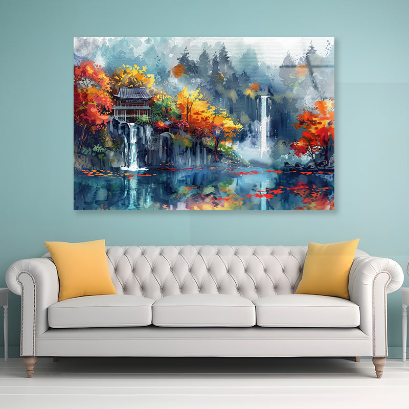 Waterfall, Trees & Building Acrylic Glass Print Tempered Glass Wall Art 100% Made in Australia Ready to Hang - Bella Home Decor