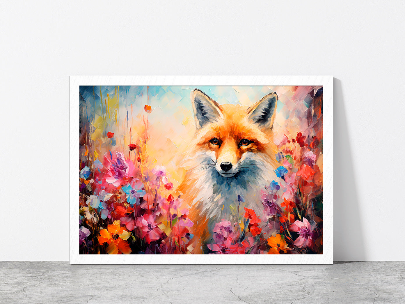 Fox In Flower Blossom Atmosphere Golden Colorful Glass Framed Wall Art, Ready to Hang Quality Print Without White Border White