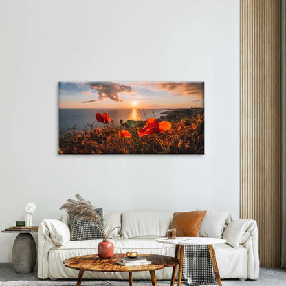 Poppies Spring Sea with Sunset Sky Coastline Wall Art Canvas Office Home Room Framed 120x60cm
