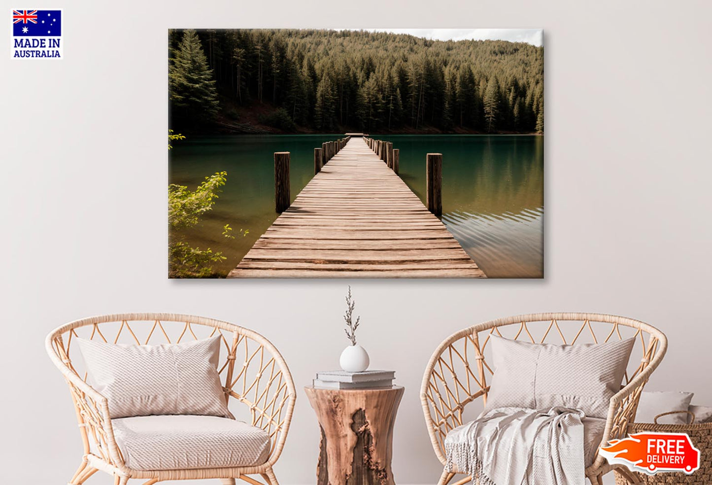 Wooden Pier On Lake & Forest  Wall Art Decor 100% Australian Made