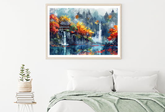 Waterfall, Trees & Building Home Decor Premium Quality Poster Print Choose Your Sizes - Bella Home Decor