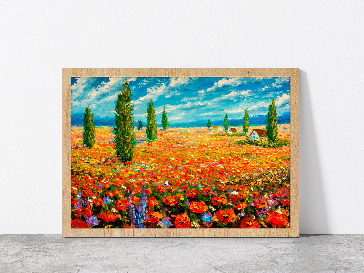 Flower Meadow Oil Painting Glass Framed Wall Art, Ready to Hang Quality Print Without White Border Oak