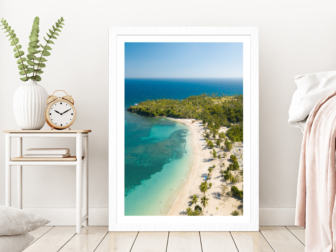 Vega Alta Beach & Palm Trees Puerto Rico Photograph Glass Framed Wall Art, Ready to Hang Quality Print With White Border White