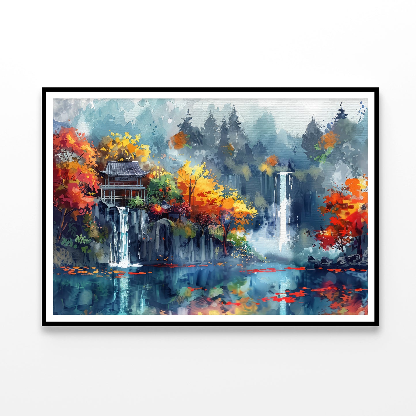 Waterfall, Trees & Building Home Decor Premium Quality Poster Print Choose Your Sizes - Bella Home Decor