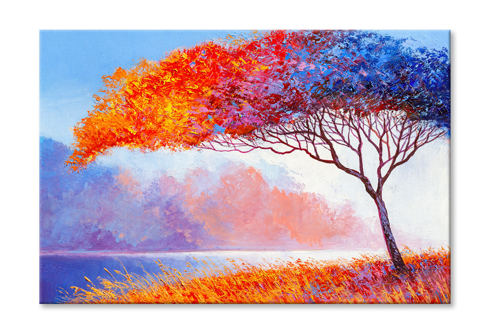 Colorful Autumn Trees near River Oil Painting Wall Art Limited Edition High Quality Print Stretched Canvas None