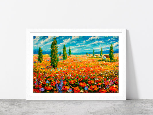 Flower Meadow Oil Painting Glass Framed Wall Art, Ready to Hang Quality Print With White Border White