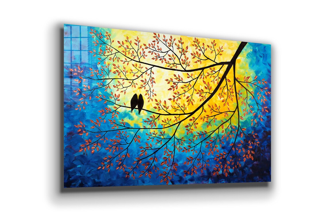 Birds on Tree Painting UV Direct Aluminum Print Australian Made Quality