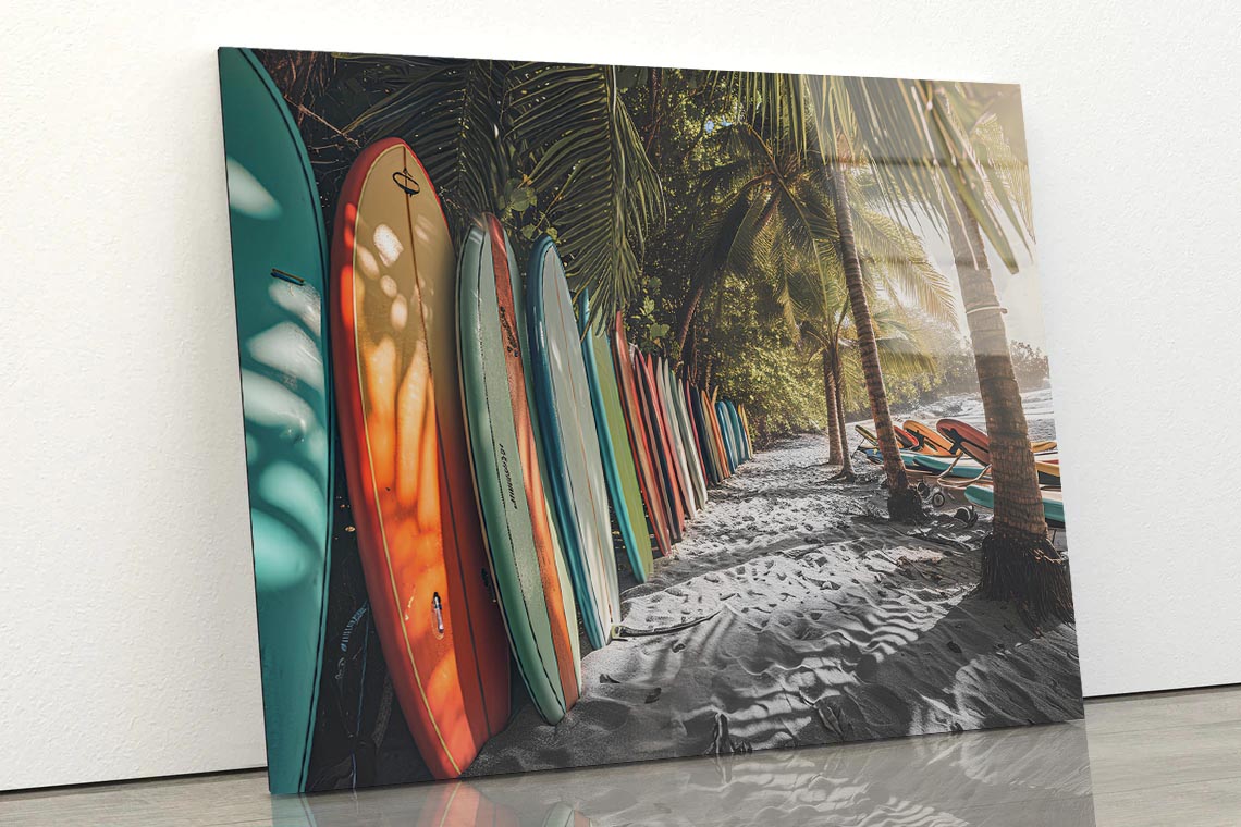 Surf Boards Lining the Shore Enhanced Acrylic Glass Print Tempered Glass Wall Art 100% Made in Australia Ready to Hang