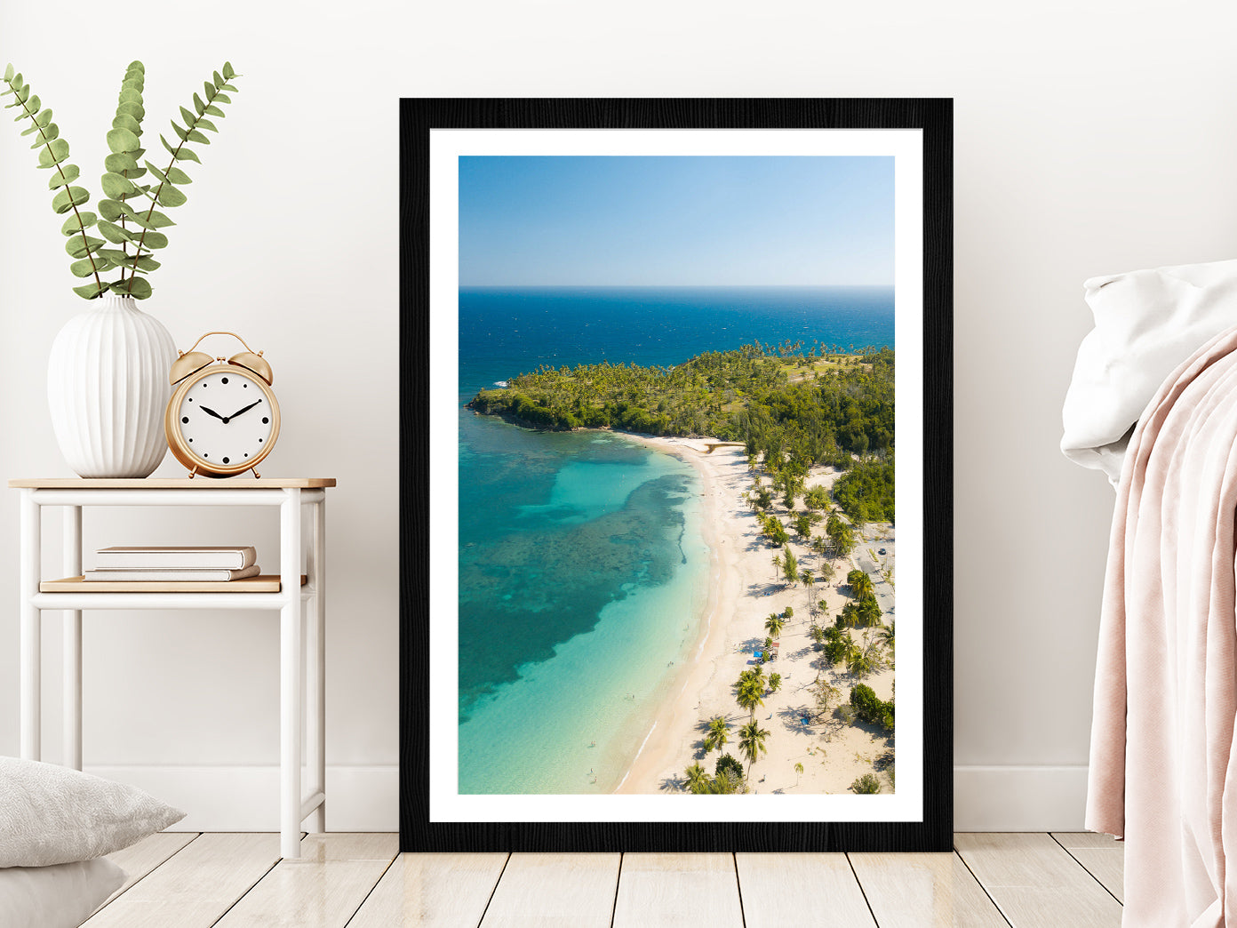 Vega Alta Beach & Palm Trees Puerto Rico Photograph Glass Framed Wall Art, Ready to Hang Quality Print With White Border Black