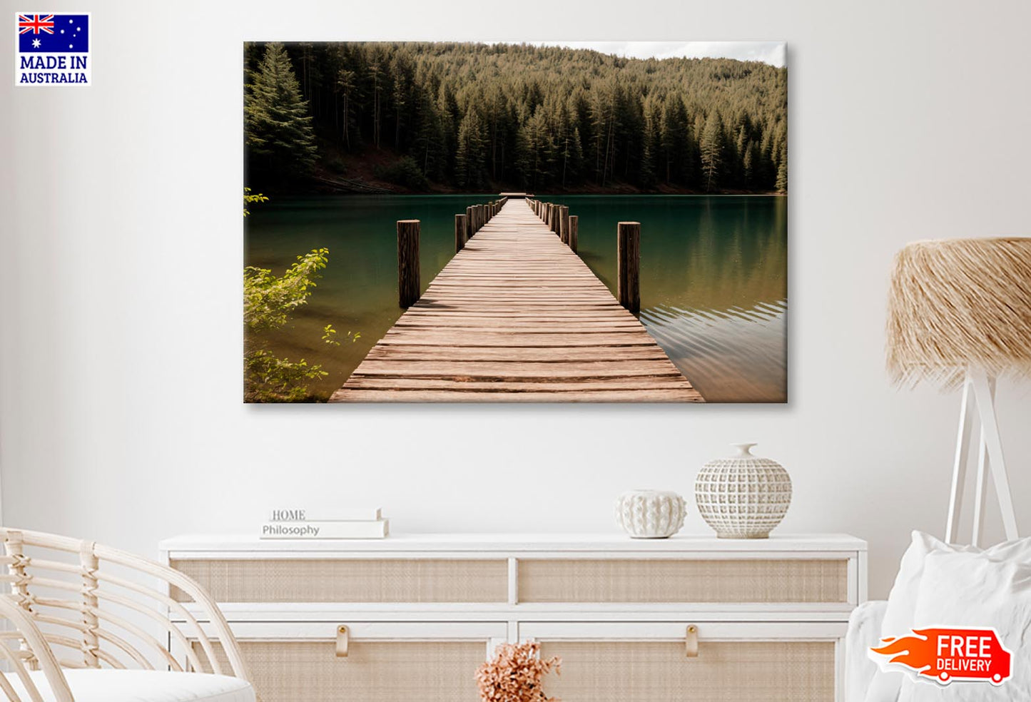 Wooden Pier On Lake & Forest  Wall Art Decor 100% Australian Made