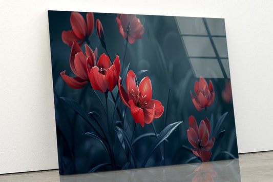 Close-Up of Red Tulip Flowers Acrylic Glass Print Tempered Glass Wall Art 100% Made in Australia Ready to Hang - Bella Home Decor