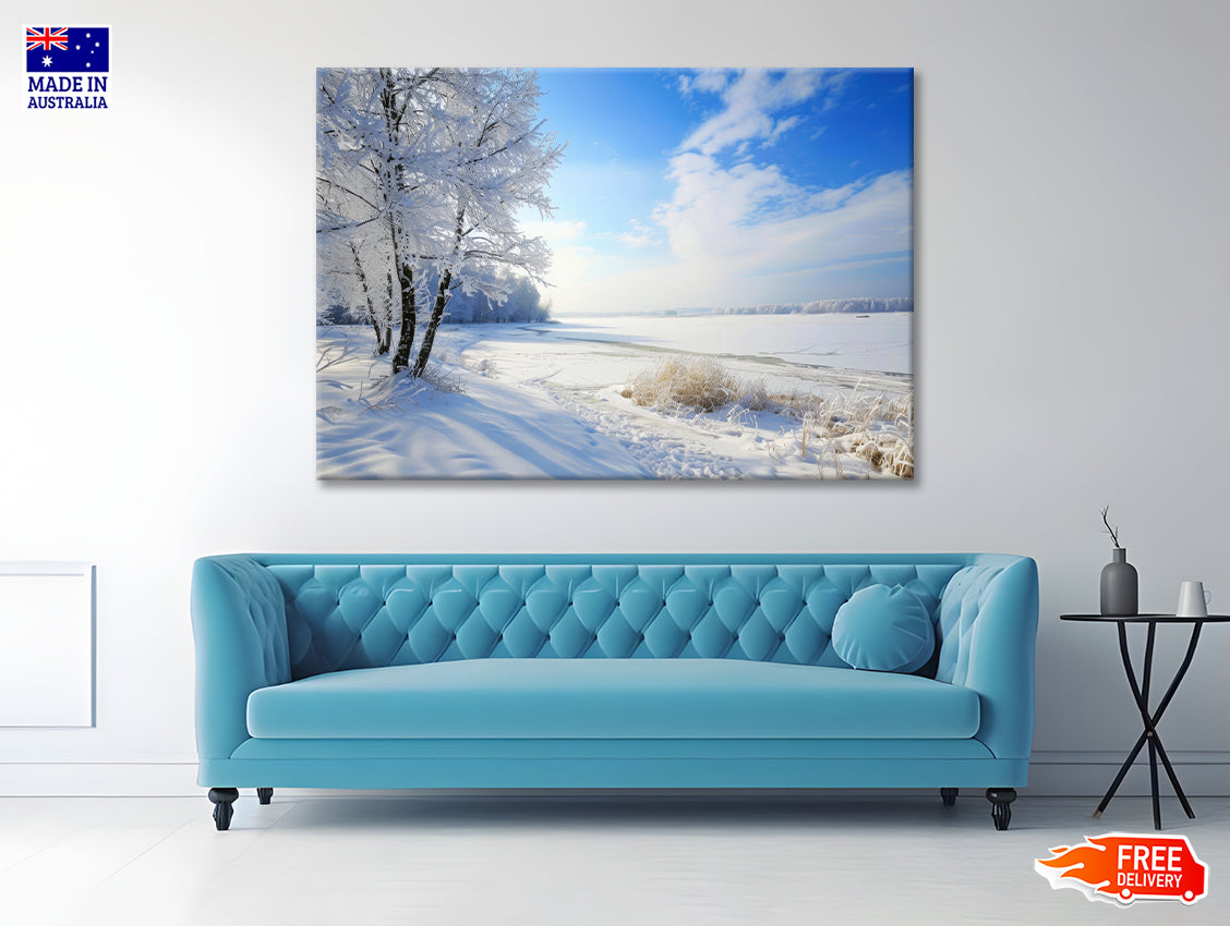 Snowy Field with Trees under a Sky Print 100% Australian Made - Bella Home Decor