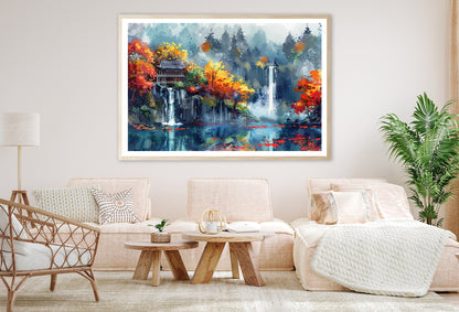Waterfall, Trees & Building Home Decor Premium Quality Poster Print Choose Your Sizes - Bella Home Decor