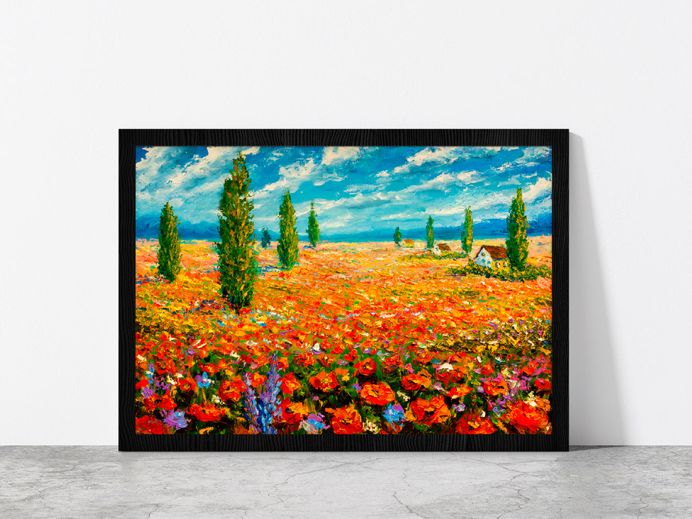 Flower Meadow Oil Painting Glass Framed Wall Art, Ready to Hang Quality Print Without White Border Black