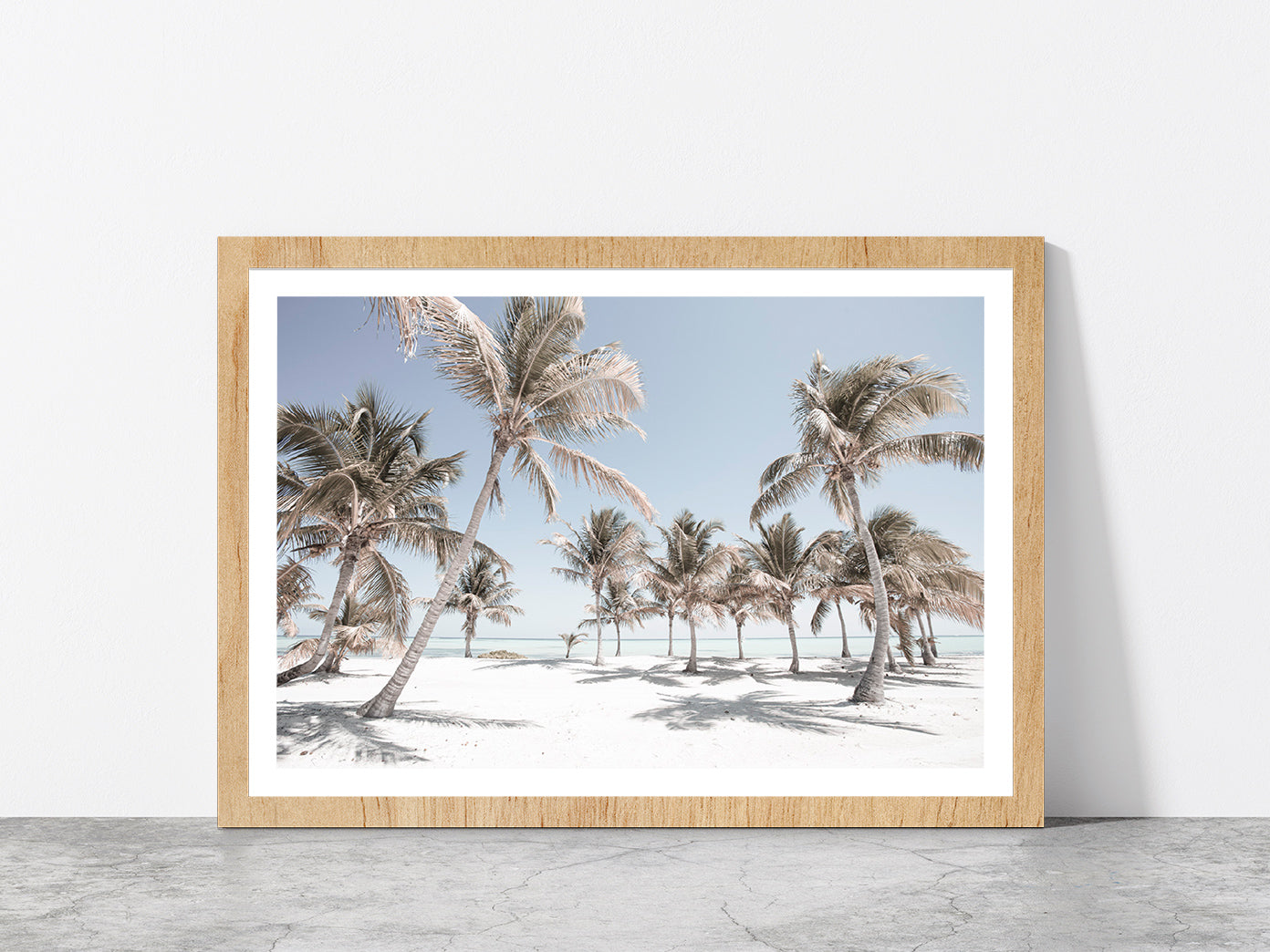 Sand Beach & Palm Trees Blue Sky Faded Photograph Glass Framed Wall Art, Ready to Hang Quality Print With White Border Oak