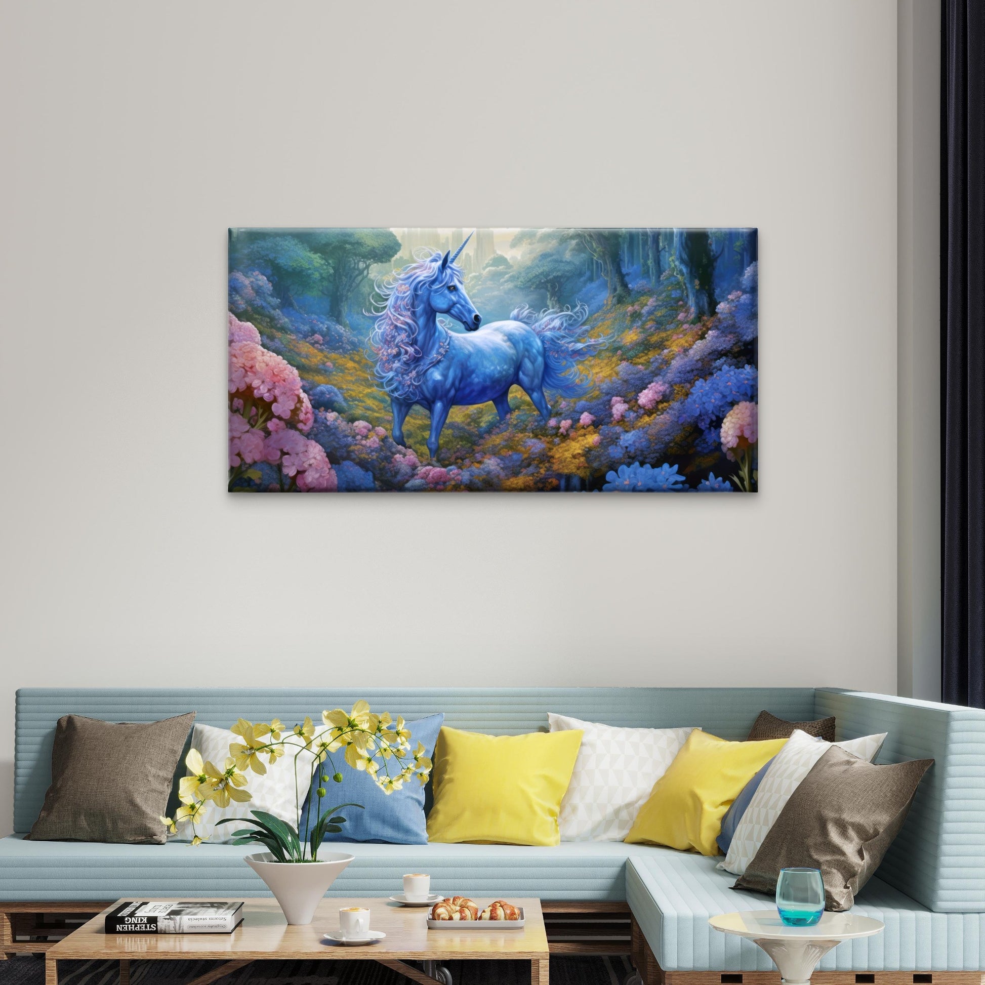 Mystic Blue Unicorn Forest Fantasy Meadow Wall Art Canvas Office Home Framed 120x60cm