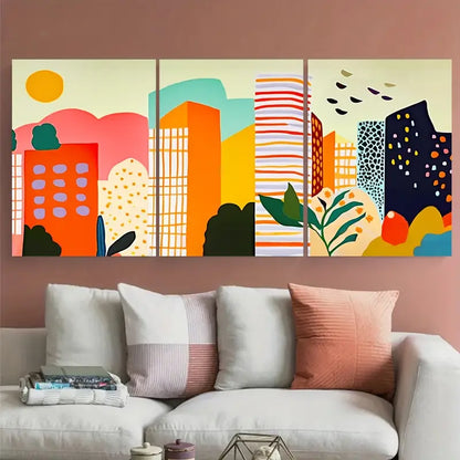 3pcs Colorful City Skyline Orange Metal Print Ready to Hang Art