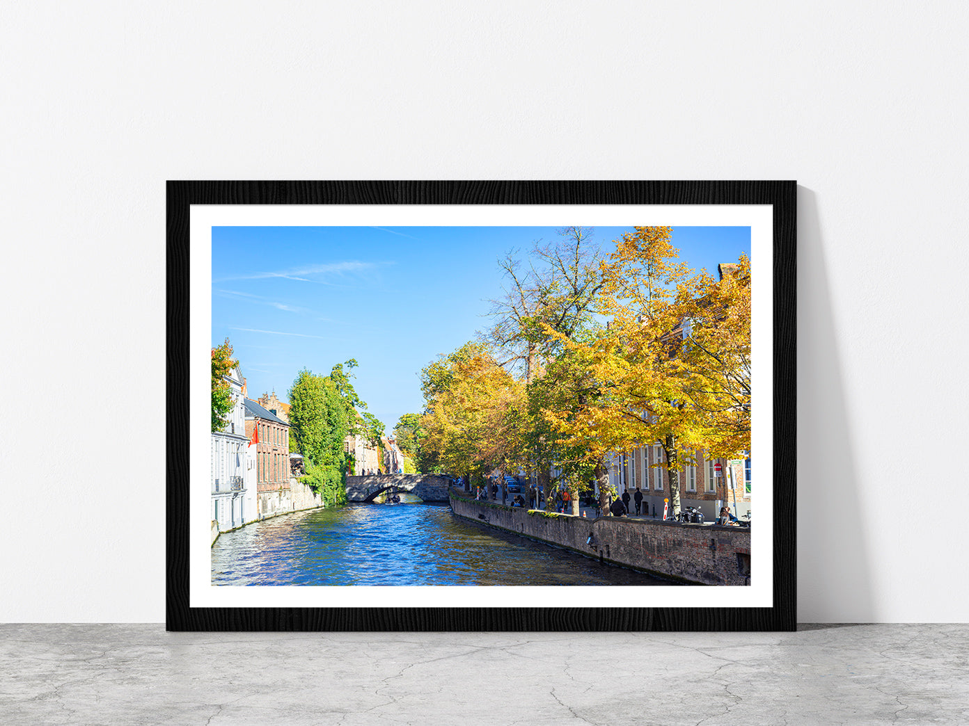 Water Of Canal In Town Of Bruges Glass Framed Wall Art, Ready to Hang Quality Print With White Border Black