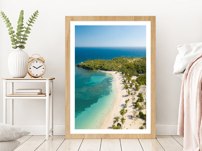 Vega Alta Beach & Palm Trees Puerto Rico Photograph Glass Framed Wall Art, Ready to Hang Quality Print With White Border Oak