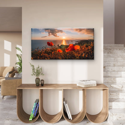 Poppies Spring Sea with Sunset Sky Coastline Wall Art Canvas Office Home Room Framed 120x60cm