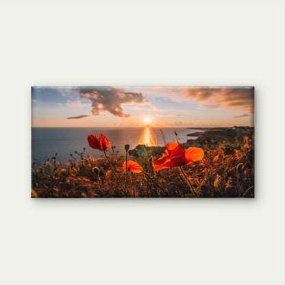 Poppies Spring Sea with Sunset Sky Coastline Wall Art Canvas Office Home Room Framed 120x60cm