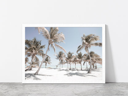 Sand Beach & Palm Trees Blue Sky Faded Photograph Glass Framed Wall Art, Ready to Hang Quality Print Without White Border White