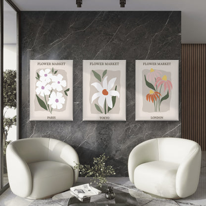 3pcs Flower Market Paris Tokyo London Floral Wall Art Set Canvas Framed 50x70cm - High Quality Print 100% Australian Made Wall Canvas Ready to Hang
