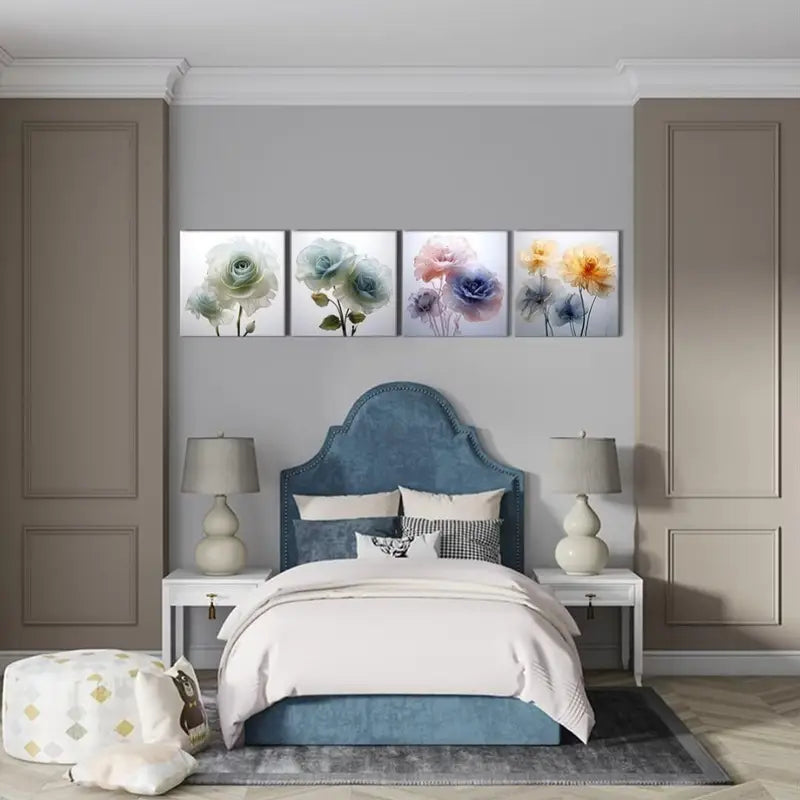 4pcs Elegant Rose & Peony Prints in Blue, Orange Wall Art Canvas Framed