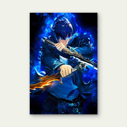 Blue Flame Shadow Swordsman Daggers 40x60cm Metal Print Ready to Hang