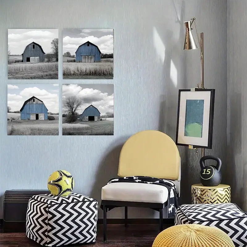 4pcs Vintage Blue Barn Canvas Wall Art Canvas Framed