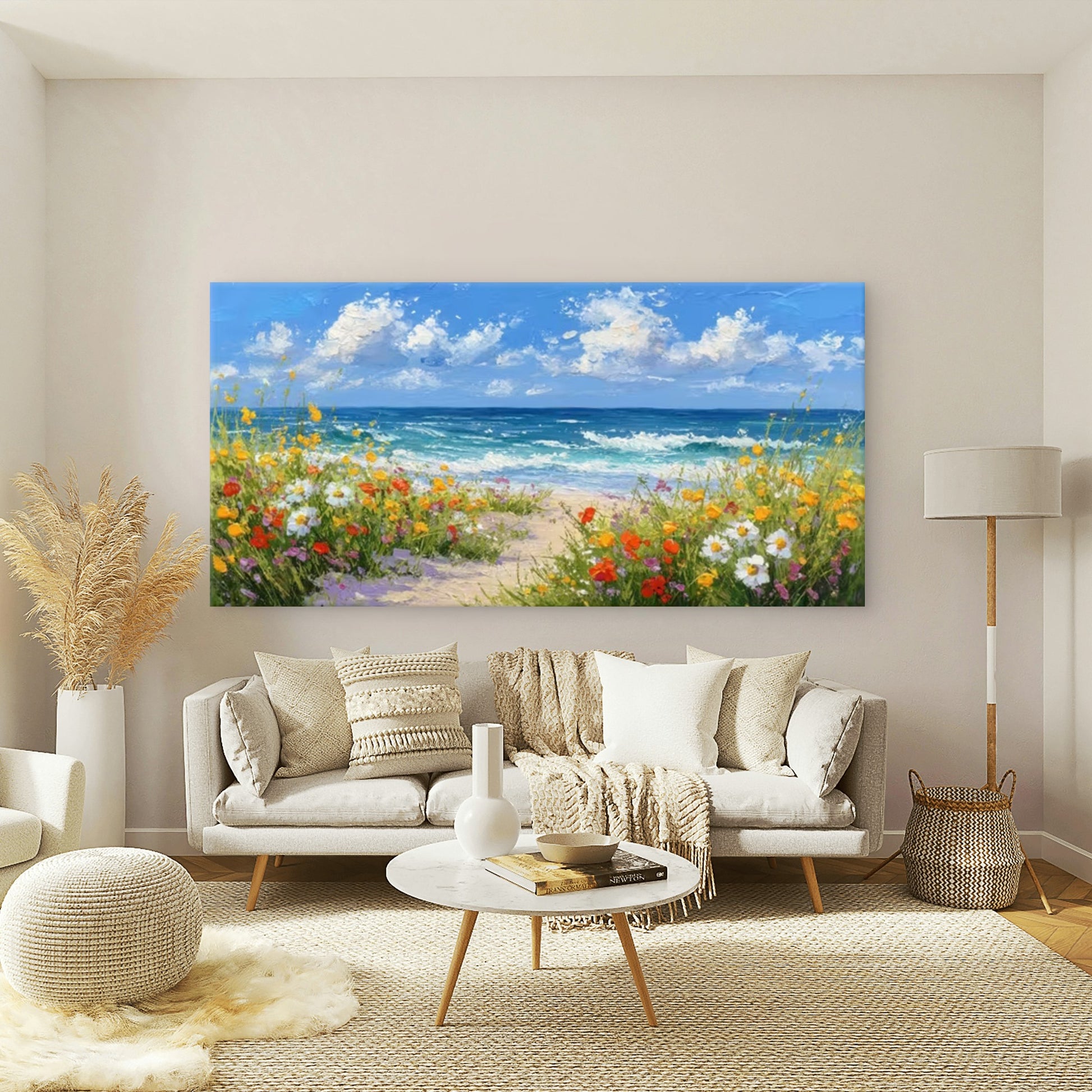 Sea & Floral Shoreline Wall Art Canvas Office Home Room Framed 120x60cm - Bella Home Decor