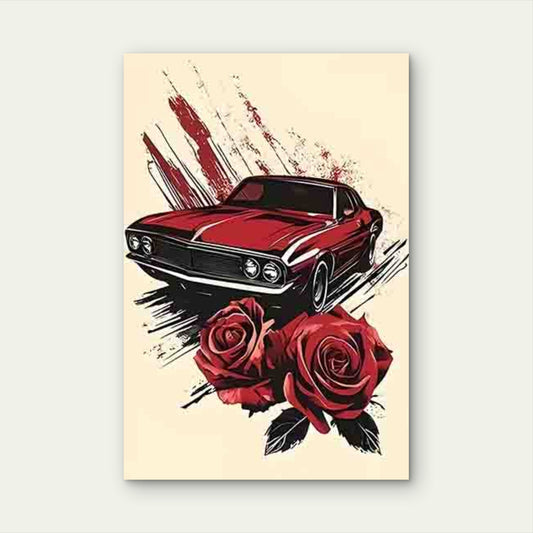Vintage Red Car & Roses Red Splatter Background 60x90cm Metal Print Ready to Hang