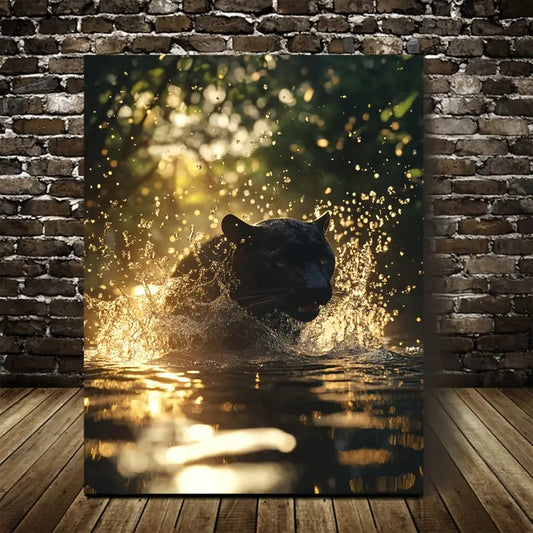 Stunning Panther Splashing in Magical Forest 40x60cm Metal Print Ready to Hang - Bella Home Decor