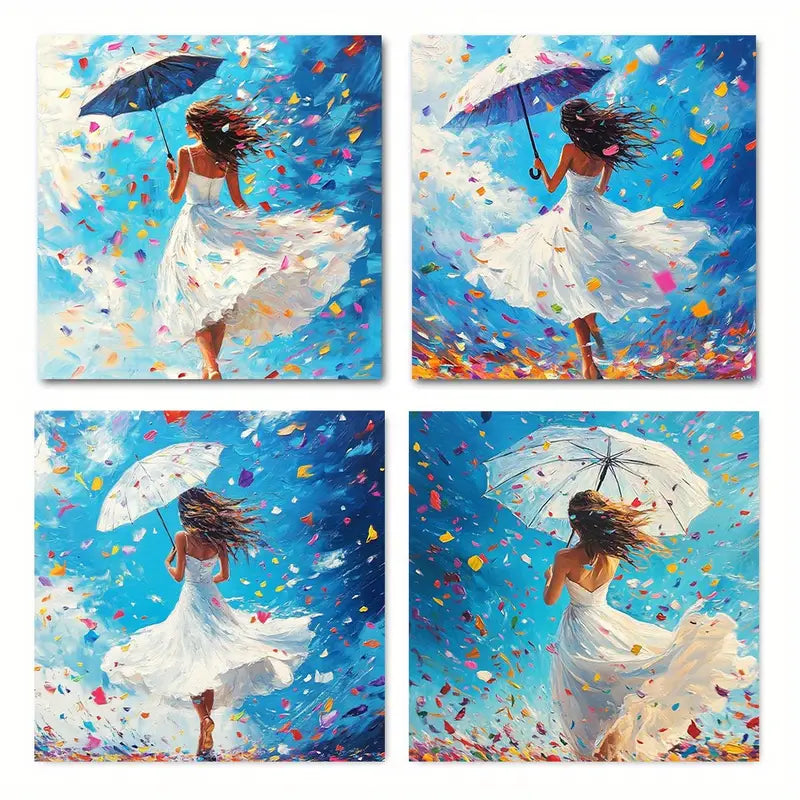 4pcs Floral Umbrella Skir Picture Wall Art Canvas Framed