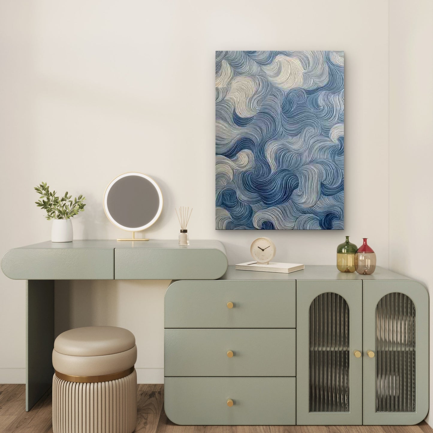 Abstract Blue White Wave Pattern 60x90cm Metal Print Ready to Hang - Bella Home Decor