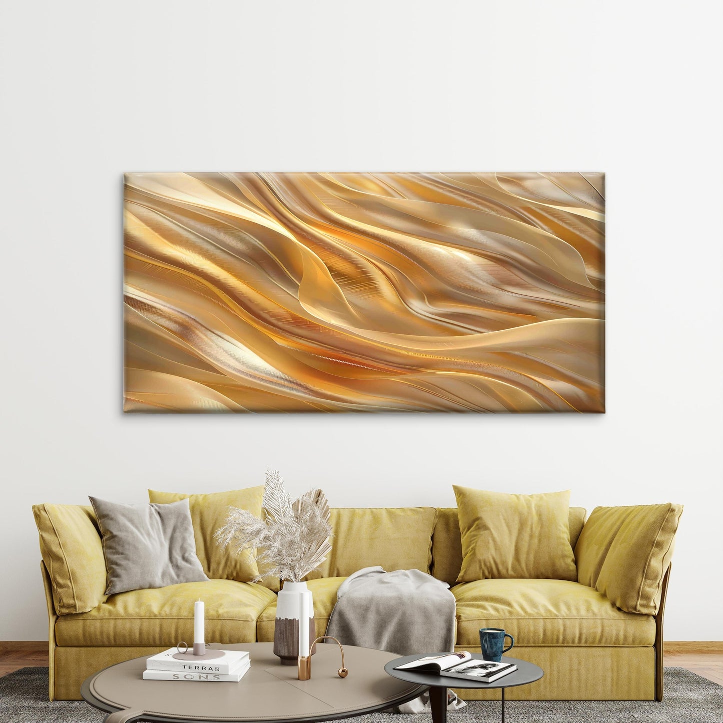Sculpted Liquid Gold Wave Wall Art Canvas Office Home Room Framed 120x60cm