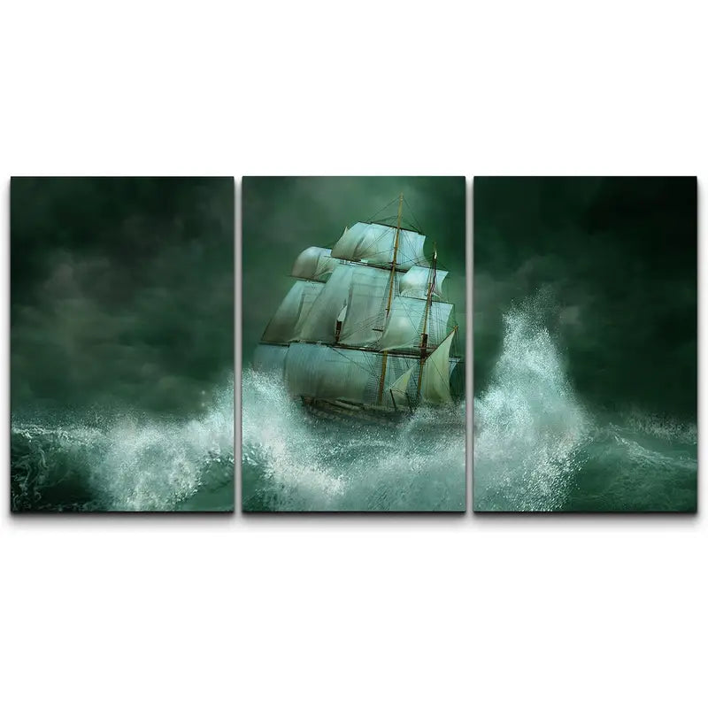 3pcs Ghost Ship At Sea, Dramatic Green Tones Metal Print Ready to Hang Art - Bella Home Decor