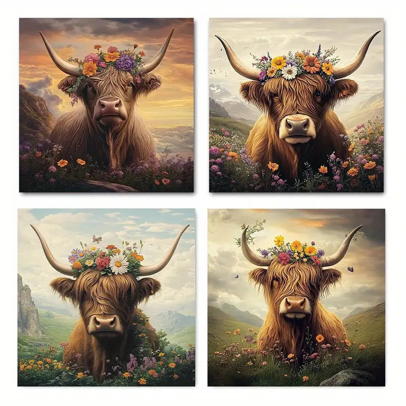 4pcs Highland Cow Flower Vintage  HC  Wall Art Canvas Framed