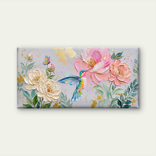 Hummingbird Pink Rose Floral Paint Wall Art Canvas Office Home Framed 120x60cm