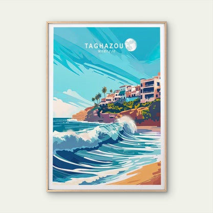 Taghazout Morocco Beach Waves and Houses Travel Poster Print Wall Art - Bella Home Decor
