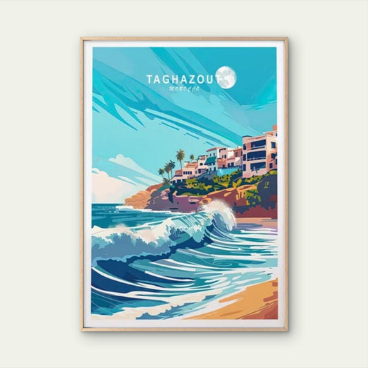 Taghazout Morocco Beach Waves and Houses Travel Poster Print Wall Art - Bella Home Decor