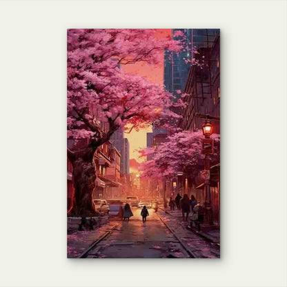 Urban Landscape with Vibrant Pink Trees 60x90cm Metal Print Ready to Hang