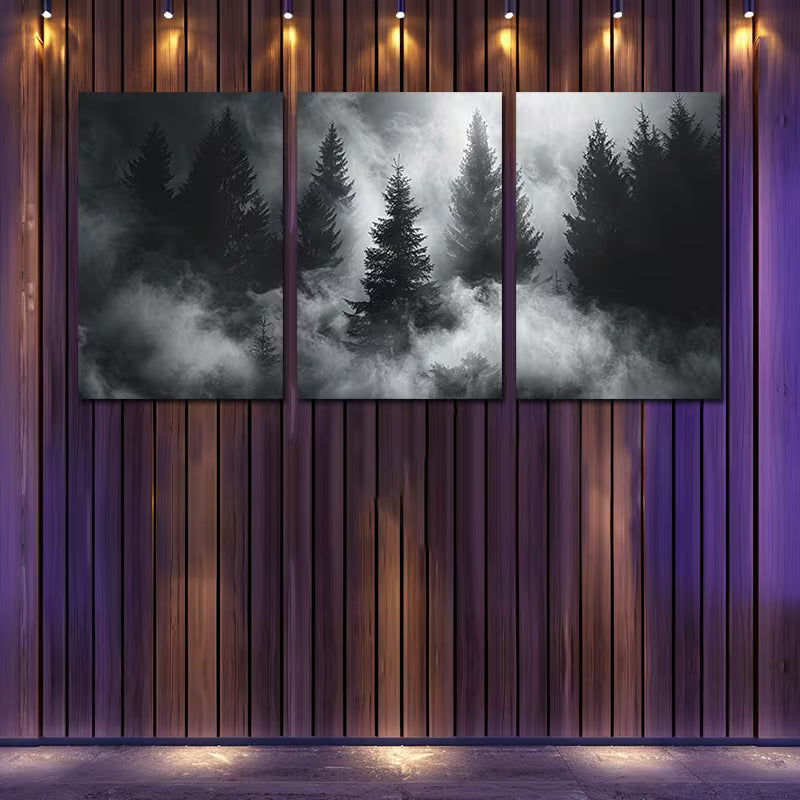 3pcs Misty Forest Scenery, Black & White Wall Art Set Canvas Framed 50x70cm - High Quality Print 100% Australian Made Wall Canvas Ready to Hang