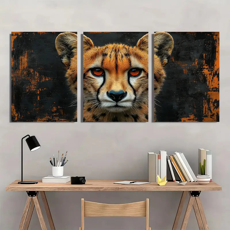 3pcs Black & Orange Cheetah Face Metal Print Ready to Hang Art - Bella Home Decor