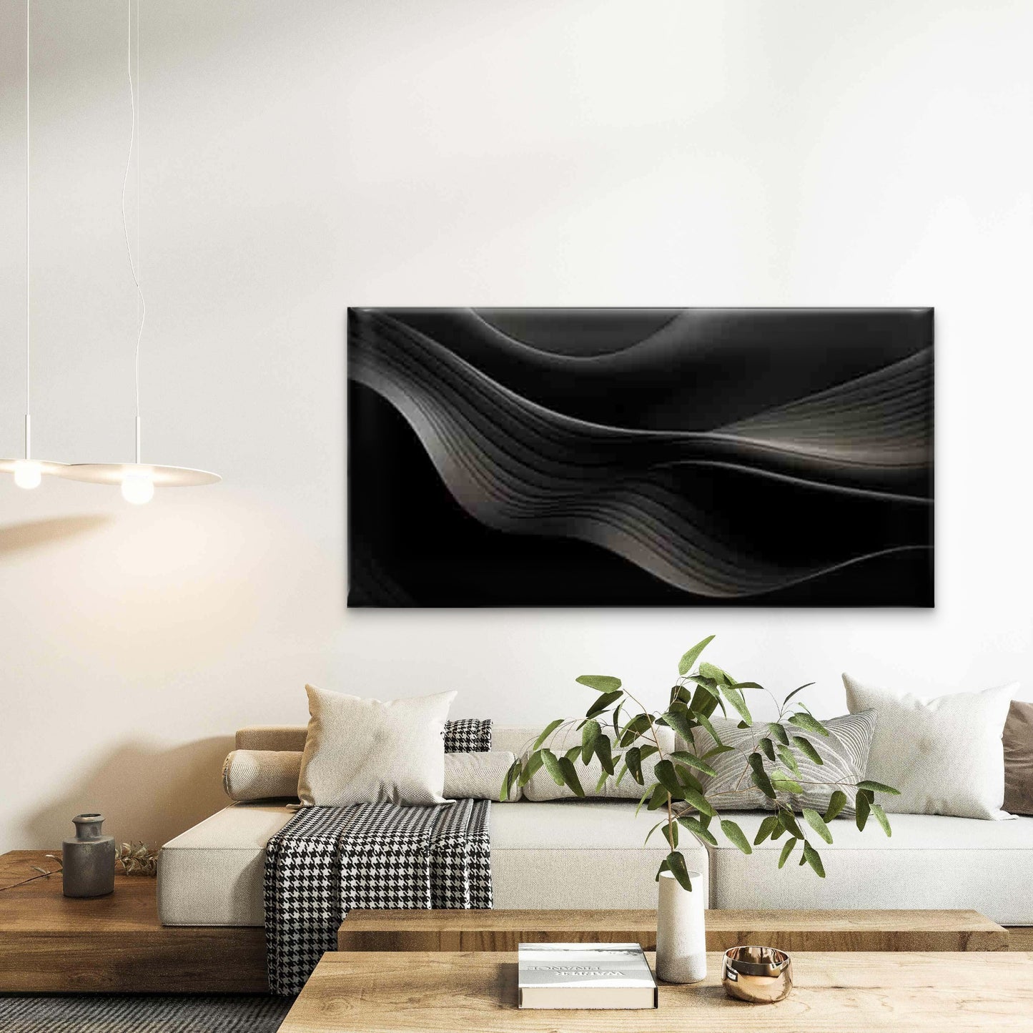 Black Wave Line Patterns Wall Art Canvas Office Home Room Framed 120x60cm - Bella Home Decor