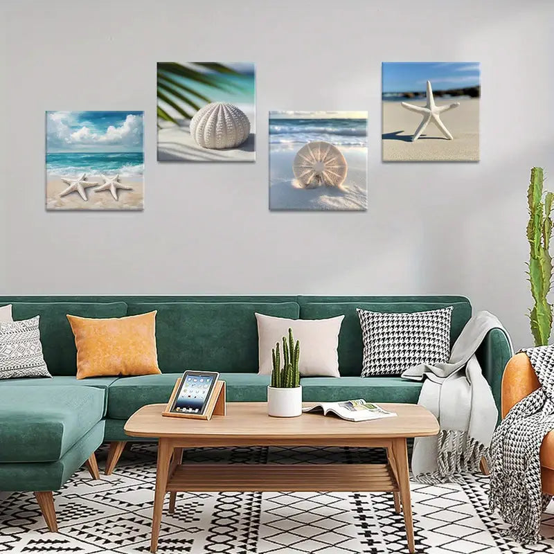 4pcs Sea Shells & Starfish Canvas Art Prints  Wall Art Canvas Framed