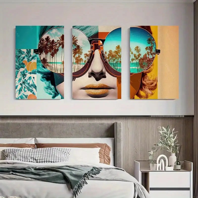 3pcs Glasses, Tropical Palm Trees & Colorful Sky Metal Print Ready to Hang Art - Bella Home Decor